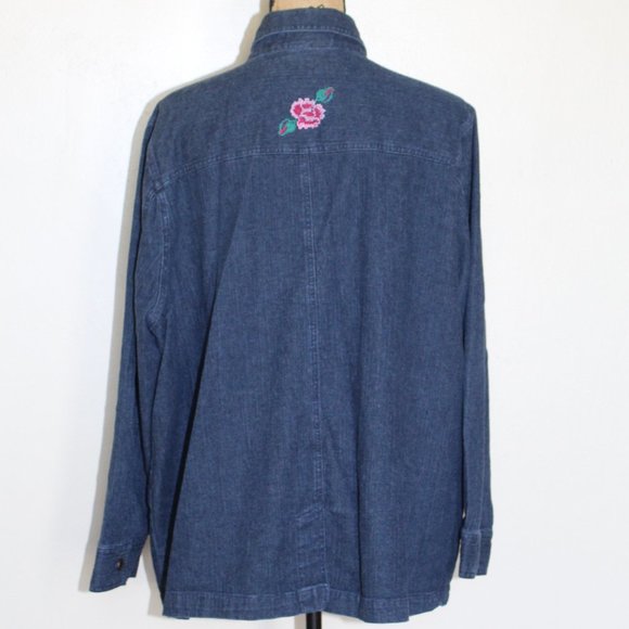 Liz & Me Blue Denim Button Up Long Sleeve Shirt Embroidered Flowers Womens XL/1X - Picture 2 of 9